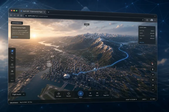 Screenshot of an Earth 3D experimental flight simulator showing a blue flight path over a mountain landscape. Screenshot of an Earth 3D experimental flight simulator showing a blue flight path over a mountain landscape.
