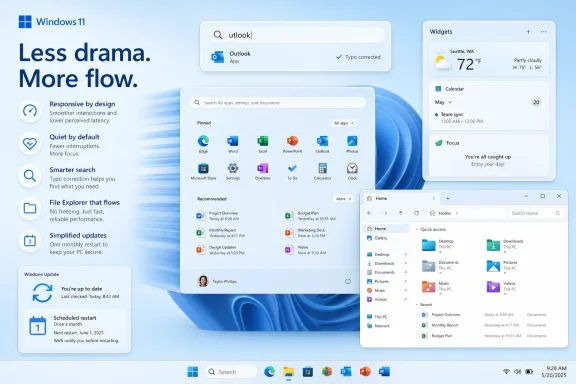 Promotional Windows 11 desktop UI showing widgets, search, and app layout on a blue background. Promotional Windows 11 desktop UI showing widgets, search, and app layout on a blue background.