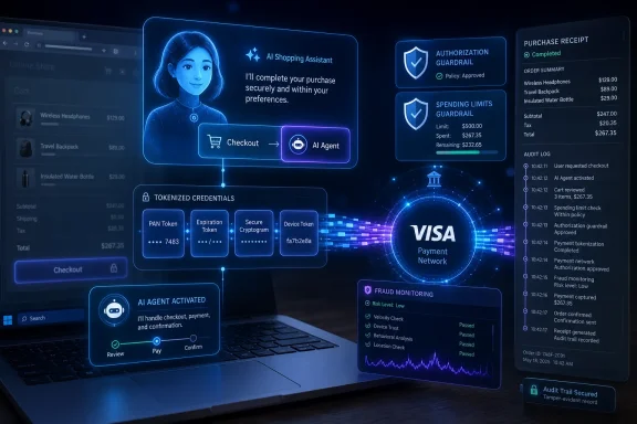 Futuristic AI checkout on a laptop screen with Visa payment, security checks, and an order receipt panel.