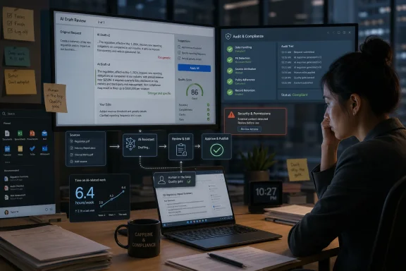 Office worker reviewing an AI compliance audit draft on dual monitors with human “quality gate” in view. Office worker reviewing an AI compliance audit draft on dual monitors with human “quality gate” in view.