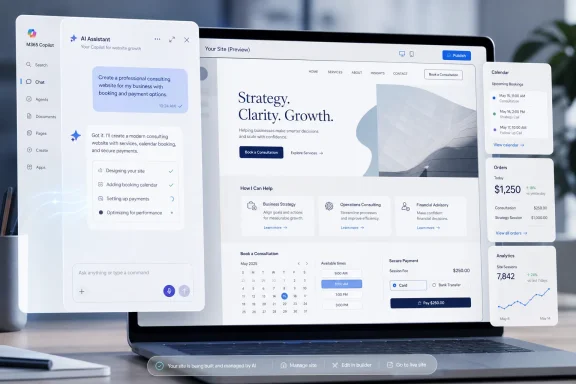 Laptop displays AI website builder with strategy landing page, booking calendar, and analytics panels. Laptop displays AI website builder with strategy landing page, booking calendar, and analytics panels.