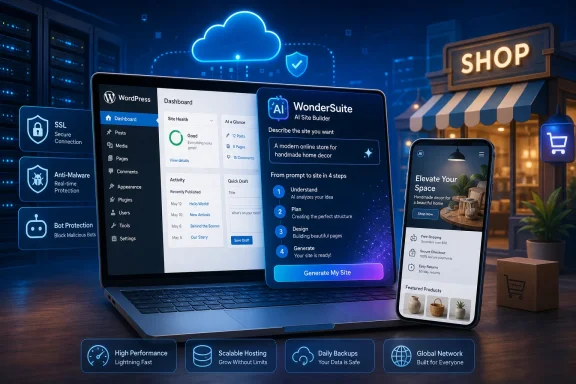 Cloud-based AI website builder UI with WordPress dashboard, e-commerce smartphone preview, and security icons. Cloud-based AI website builder UI with WordPress dashboard, e-commerce smartphone preview, and security icons.