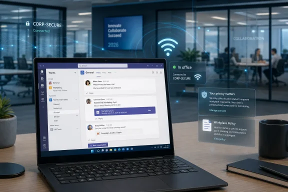 Secure workplace video meeting interface on a laptop with corporate connection and privacy notifications. Secure workplace video meeting interface on a laptop with corporate connection and privacy notifications.