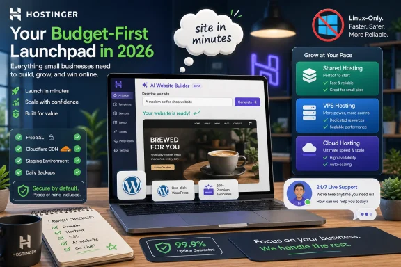 Hostinger promo image shows a laptop with AI website builder and hosting plan benefits for launching in minutes.