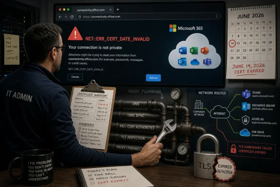 IT admin faces a “NET::ERR_CERT_DATE_INVALID” Microsoft 365 certificate expiry warning on a monitor. IT admin faces a “NET::ERR_CERT_DATE_INVALID” Microsoft 365 certificate expiry warning on a monitor.