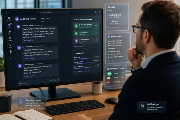 Man reviews coaching insights on a desktop screen showing leadership nudges and a daily calendar. Man reviews coaching insights on a desktop screen showing leadership nudges and a daily calendar.