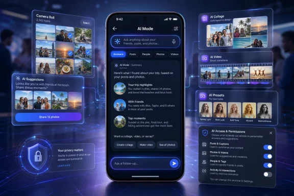Three smartphone screens display an AI photo collage, video, presets, and privacy settings interface. Three smartphone screens display an AI photo collage, video, presets, and privacy settings interface.