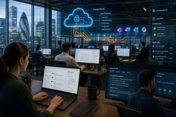 Office team reviews AI-driven case summaries with secure cloud and pipeline graphics overlaying the scene. Office team reviews AI-driven case summaries with secure cloud and pipeline graphics overlaying the scene.