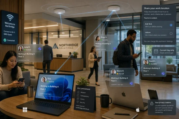 Office lobby scene with people using live work-location status overlays on phones and laptops. Office lobby scene with people using live work-location status overlays on phones and laptops.