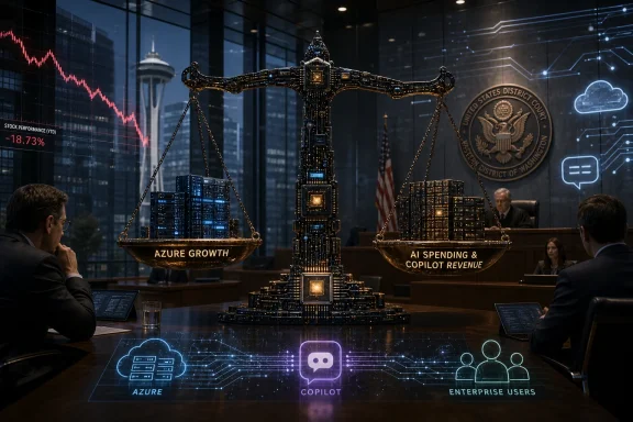 Futuristic courtroom scene with a digital tech “scale” balancing Azure growth and AI spending. Futuristic courtroom scene with a digital tech “scale” balancing Azure growth and AI spending.
