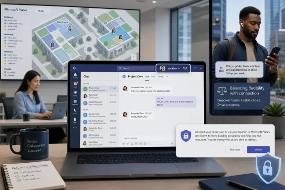 Office staff view a laptop showing Microsoft Places map, Teams chat, and an access permission prompt. Office staff view a laptop showing Microsoft Places map, Teams chat, and an access permission prompt.
