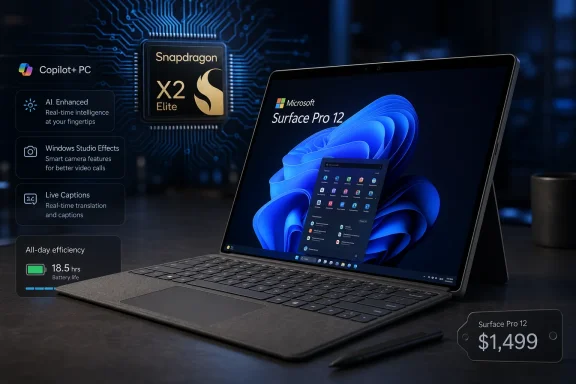 Microsoft Surface Pro 12 with Snapdragon X Elite, showing Copilot+ PC features on a tech background. Microsoft Surface Pro 12 with Snapdragon X Elite, showing Copilot+ PC features on a tech background.