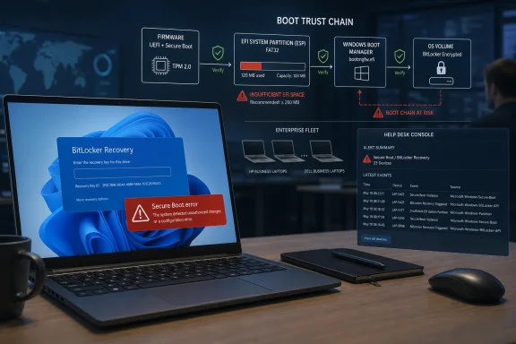 Laptop shows BitLocker recovery and a Secure Boot error, with a boot trust chain diagram and alerts on screen.