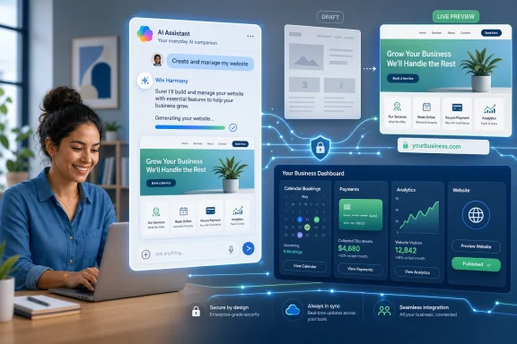 Woman at laptop uses an AI website builder dashboard with “Grow Your Business” live preview and security analytics. Woman at laptop uses an AI website builder dashboard with “Grow Your Business” live preview and security analytics.