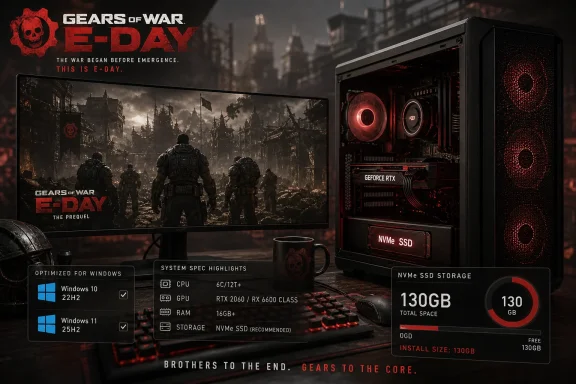 Gears of War-themed gaming PC ad with battlefield poster, RTX graphics, and NVMe SSD 130GB. Gears of War-themed gaming PC ad with battlefield poster, RTX graphics, and NVMe SSD 130GB.