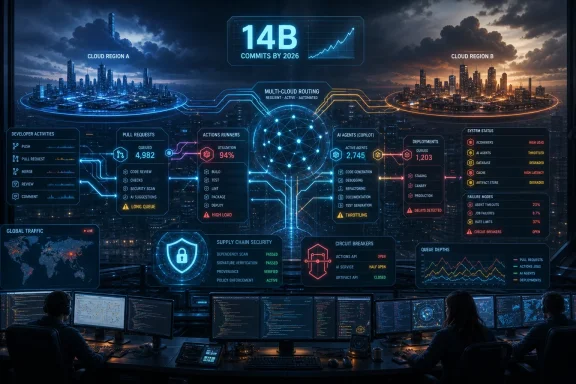 Futuristic operations dashboard showing multi-cloud routing, AI agents, and system status over two city skylines.