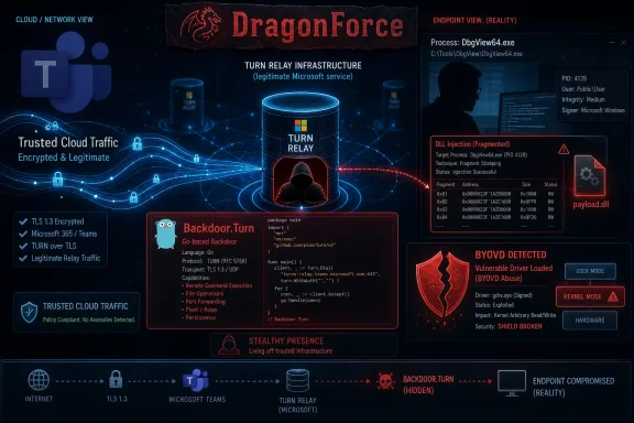 Cybersecurity graphic showing “DragonForce” backdoor using TURN relay and endpoint compromise alerts.