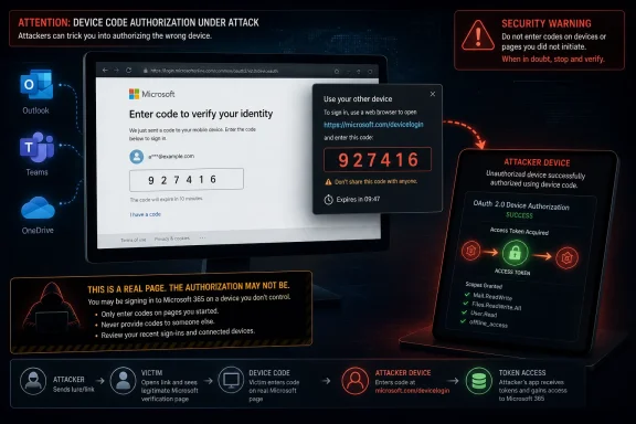 Microsoft device-login screen warns of device-code authorization attack with a displayed verification code. Microsoft device-login screen warns of device-code authorization attack with a displayed verification code.