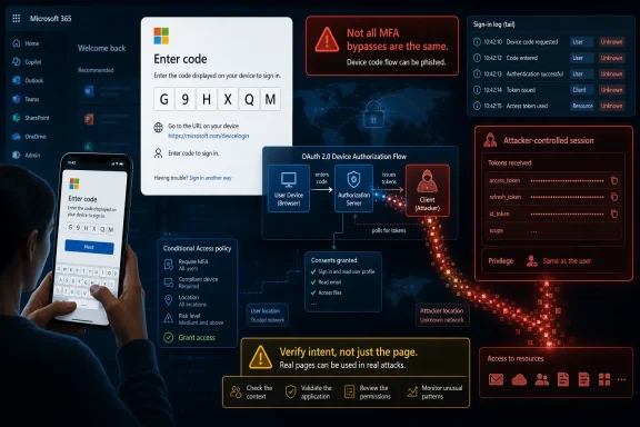 Microsoft 365 code-entry MFA screen shows an OAuth device-code flow hijacking warning with attacker prompts. Microsoft 365 code-entry MFA screen shows an OAuth device-code flow hijacking warning with attacker prompts.