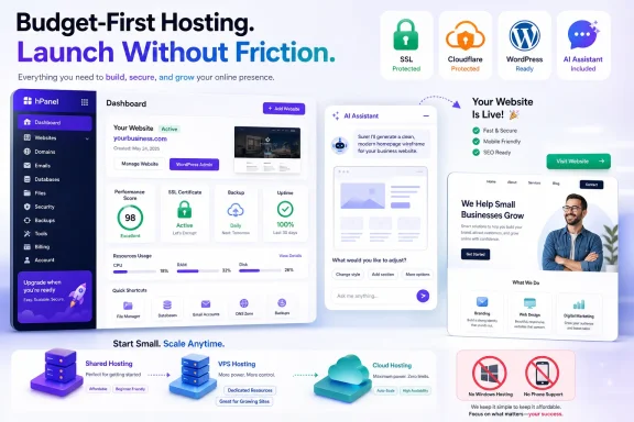 Promotional graphic for budget-first web hosting, featuring an hPanel dashboard and “Launch Without Friction” messaging.