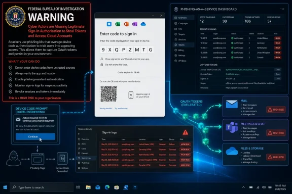FBI warning shows a phishing-as-a-service dashboard and sign-in code screen targeting stolen OAuth tokens. FBI warning shows a phishing-as-a-service dashboard and sign-in code screen targeting stolen OAuth tokens.