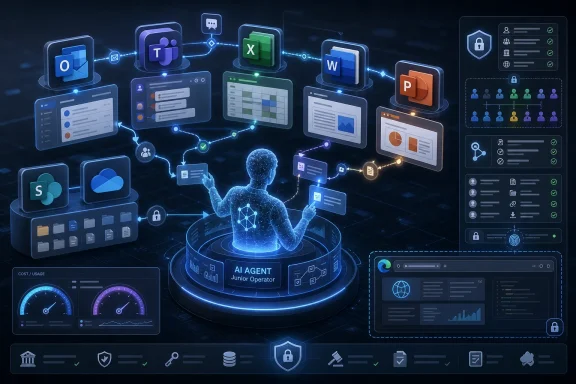 AI agent interface surrounded by connected office apps, security icons, and data dashboards.