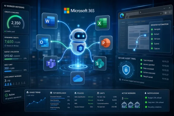 AI automation dashboard showing Microsoft 365 integrations, worker metering, and secure browser actions.