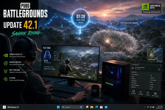 PUBG: Battlegrounds update 42.1 “Sanhok Rising” promotional gaming setup with Nvidia GeForce RTX UI overlays. PUBG: Battlegrounds update 42.1 “Sanhok Rising” promotional gaming setup with Nvidia GeForce RTX UI overlays.