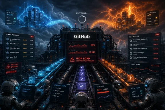Futuristic GitHub CI pipeline monitor with Azure/AWS dashboards, queues, and performance warnings across glowing cityscapes.