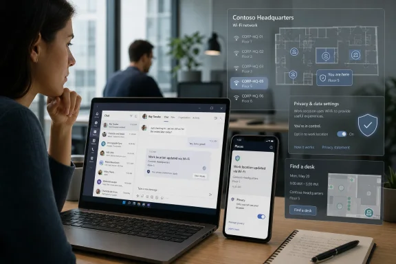 Office worker using a laptop and phone with Wi‑Fi workplace location/privacy dashboard overlays. Office worker using a laptop and phone with Wi‑Fi workplace location/privacy dashboard overlays.
