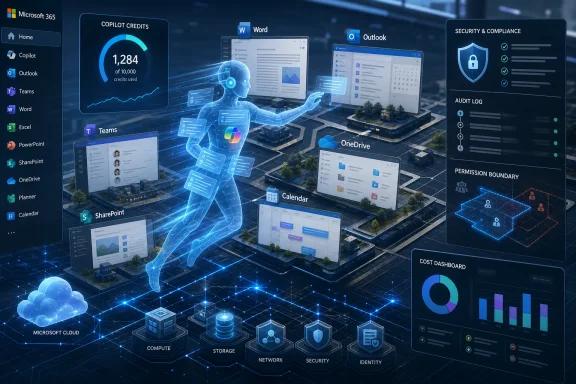 AI hologram assistant surrounded by Microsoft 365 app dashboards and cloud security/compliance panels.