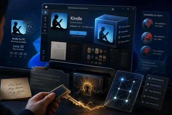 A hand with a key unlocks DRM-locked Kindle PC app, with region/content access warnings on screen. A hand with a key unlocks DRM-locked Kindle PC app, with region/content access warnings on screen.