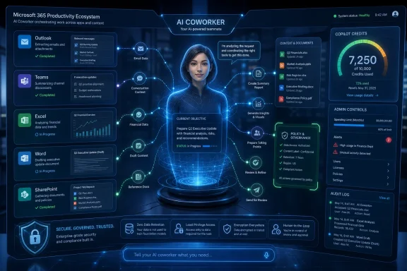 Futuristic Microsoft AI coworker dashboard showing task progress, documents, and governance controls in a digital interface. Futuristic Microsoft AI coworker dashboard showing task progress, documents, and governance controls in a digital interface.