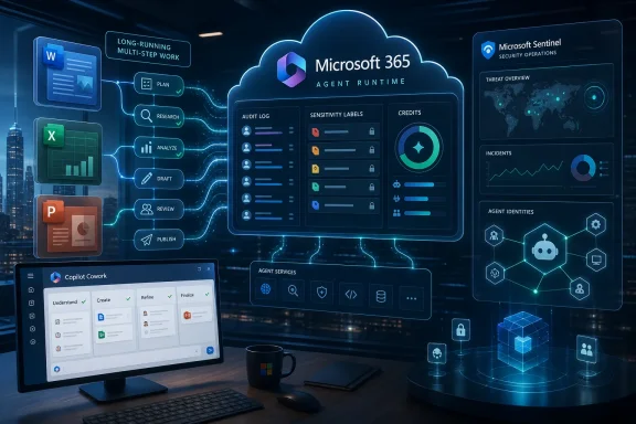 Futuristic office scene showing Microsoft 365 agent runtime and Sentinel security dashboards with connected data flows. Futuristic office scene showing Microsoft 365 agent runtime and Sentinel security dashboards with connected data flows.