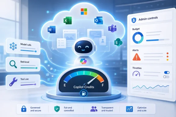 AI assistant with cloud and Office app icons monitoring “Copilot Credits” and admin dashboard controls. AI assistant with cloud and Office app icons monitoring “Copilot Credits” and admin dashboard controls.