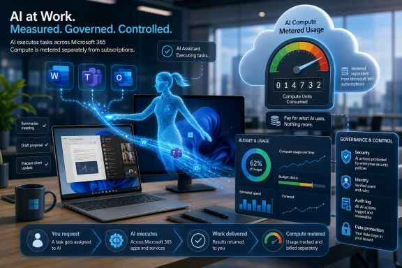Workplace computer with AI cloud dashboard showing metered, governed compute usage and budget control. Workplace computer with AI cloud dashboard showing metered, governed compute usage and budget control.