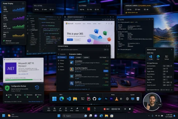 Multitasking Windows desktop showing performance metrics, coding tools, and Microsoft .NET setup on a dual-monitor setup.