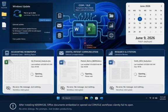 Windows update dashboard shows a COM/OLE connectivity issue with documents failing to open after KB5094126.