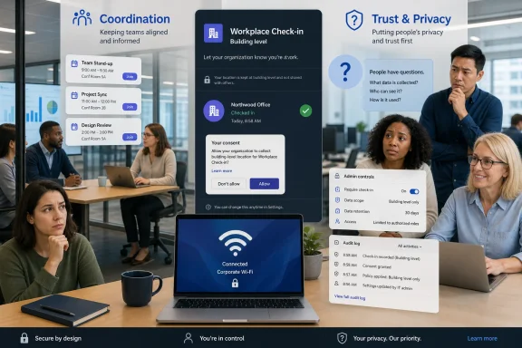 Office team uses a laptop showing workplace check-in, consent, and trust & privacy controls. Office team uses a laptop showing workplace check-in, consent, and trust & privacy controls.