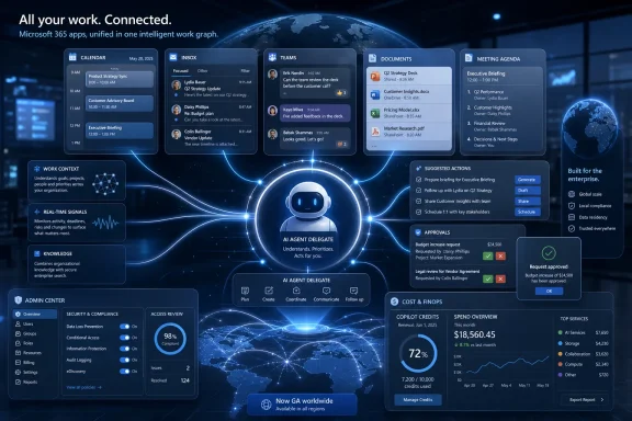 Futuristic Microsoft 365 dashboard graphic showing an AI agent managing work across apps worldwide. Futuristic Microsoft 365 dashboard graphic showing an AI agent managing work across apps worldwide.