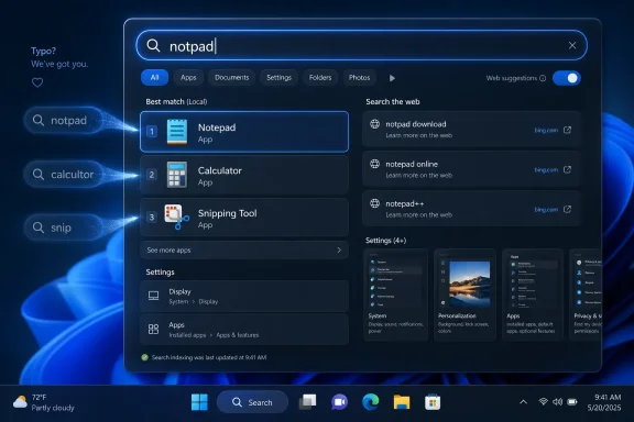 Windows search results for “notepad,” showing local matches and web suggestions on a blue desktop. Windows search results for “notepad,” showing local matches and web suggestions on a blue desktop.