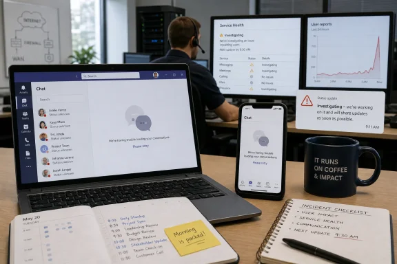 Office worker monitoring service health and chat issues on screens, with troubleshooting note “Morning is pocked!” Office worker monitoring service health and chat issues on screens, with troubleshooting note “Morning is pocked!”