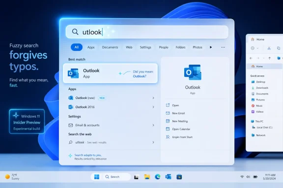 Windows 11 search UI shows “outlook” suggestions with app selection and sidebar icons. Windows 11 search UI shows “outlook” suggestions with app selection and sidebar icons.