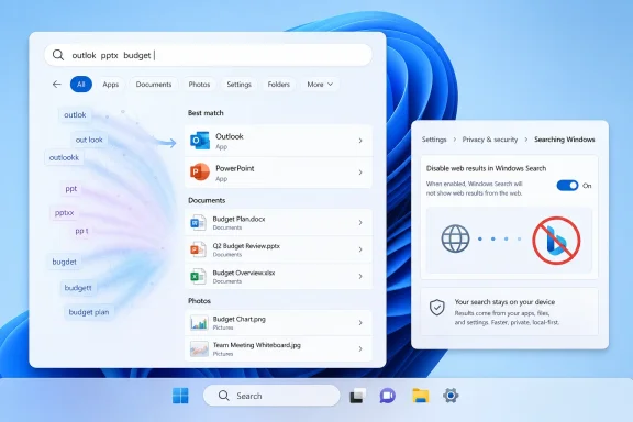 Windows 11 search shows Outlook/PPT results with settings toggled to disable web results. Windows 11 search shows Outlook/PPT results with settings toggled to disable web results.