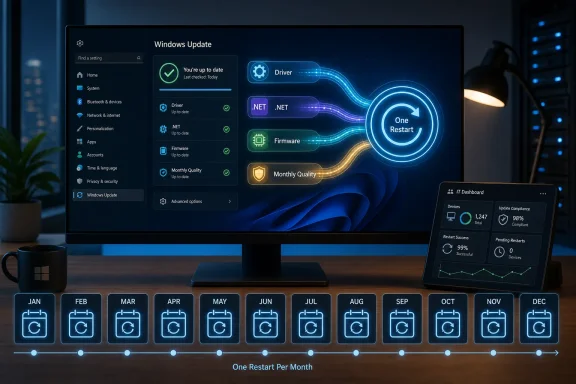 Windows Update screen shows driver and firmware status with a “One Restart” per month dashboard. Windows Update screen shows driver and firmware status with a “One Restart” per month dashboard.