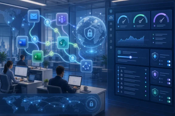 Office workers use cloud and security icons on a blue digital dashboard with charts and encrypted data. Office workers use cloud and security icons on a blue digital dashboard with charts and encrypted data.