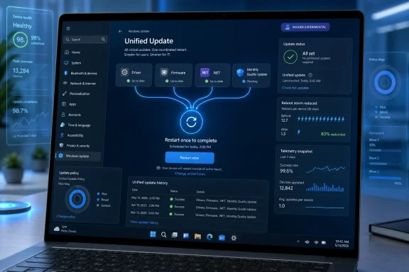 Laptop screen shows Windows Update “Unified Update” dashboard with restart scheduled and compliance stats. Laptop screen shows Windows Update “Unified Update” dashboard with restart scheduled and compliance stats.
