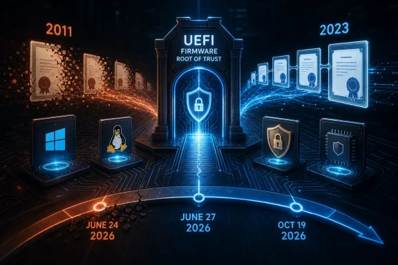 UEFI firmware root-of-trust security concept bridging 2011 to 2023, dated June/Oct 2026.