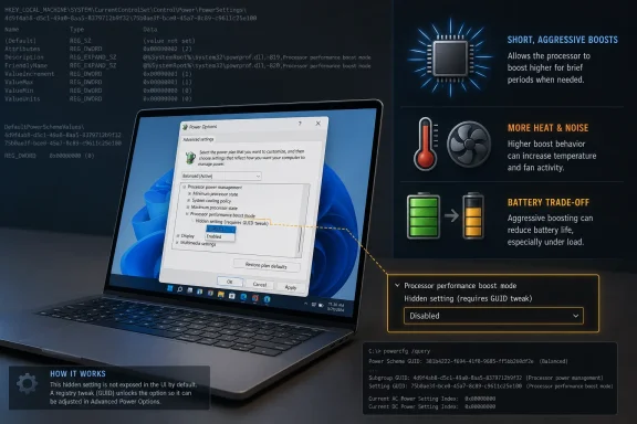 Laptop screen shows Windows Power Options with processor performance boost mode and related warnings.