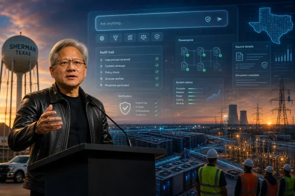 Engineer speaks before a data-center with AI audit trail holograms and power-plant backdrop. Engineer speaks before a data-center with AI audit trail holograms and power-plant backdrop.